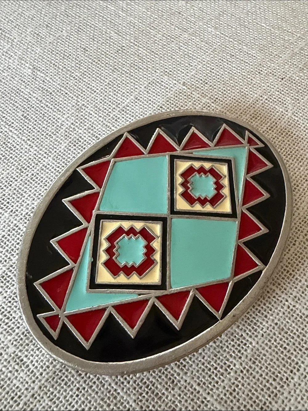 Vintage Gap 1993 made in the usa Turquoise and Red Geometric Enamel Belt Buckle